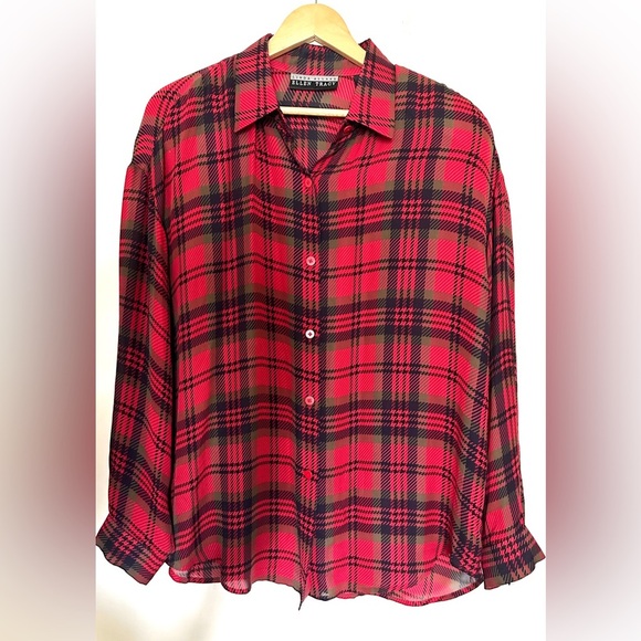 Ellen Tracy Plaid Shirt Women’s |100% Silk | Sz 16 | Red and Black | Long Sleeve - Picture 1 of 8